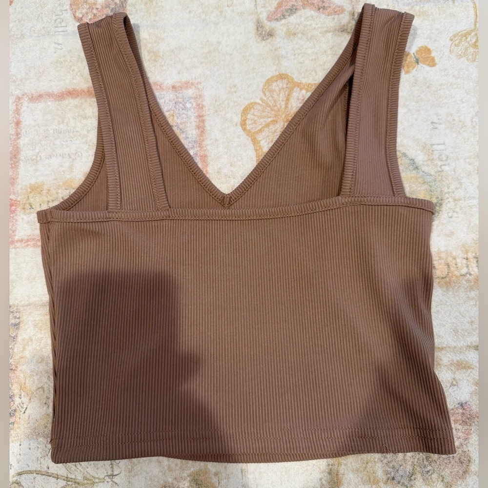 SHEIN Small Ribbed V-Neck Crop Tank Tan - Picture 2 of 3